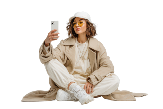 Cozy style girl portrait with her mobile phone and happy expression for on transparent background