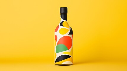 Abstract colorful bottle design on a vibrant yellow background