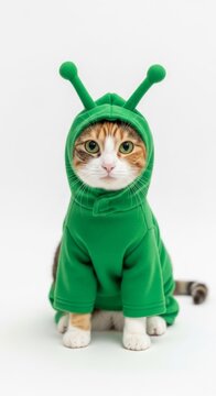 cat dressed in a green alien costume, Funny extraterrestrial Halloween costume, white background