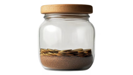 Glass jar with coins and sand creates an intriguing transparent composition on a white background
