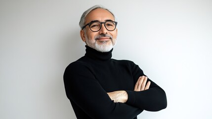 Portrait of elderly man with glasses, white beard, wearing brown knit sweater, smiling, for character close - up and senior life theme designs