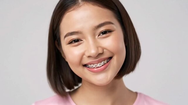 Smiling young woman with braces head angled neutral background pink shirt