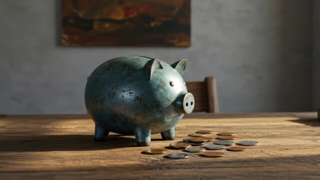 Weathered teal piggy bank with scattered coins on a sunlit wooden table