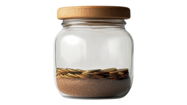 Glass jar with coins and sand creates an intriguing transparent composition on a white background - Powered by Adobe