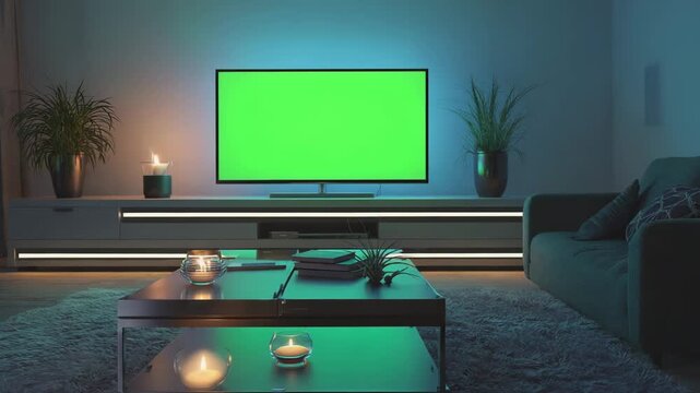 Cozy living room scene with glowing candles and a green screen TV, perfect for creating custom content for relaxation and entertainment experiences.