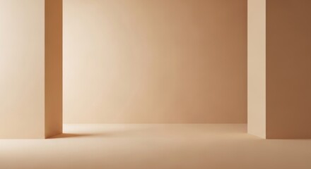 Soft beige interior with minimalistic geometric shapes, natural light illuminating an empty space, perfect for showcasing products or artwork in stylized photography