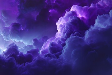 Vibrant evening sky filled with dynamic purple clouds over a calm landscape at twilight