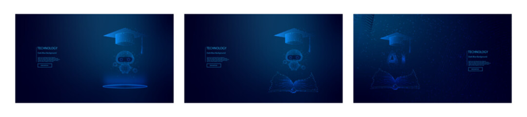 Artificial Intelligence Education Concept with Digital Robot, Graduation Cap, and Open Book. Futuristic Learning Technology and Innovation Background in Dark Blue.
