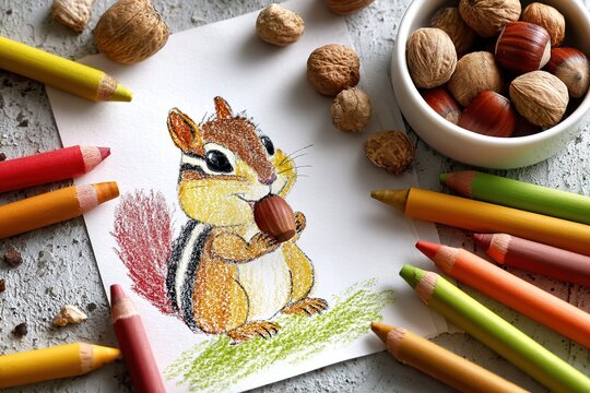 Colorful drawing of a chipmunk holding an acorn surrounded by nuts and colored pencils on a textured surface