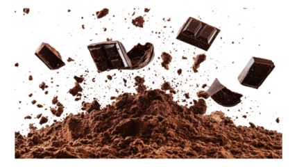 Chocolate pieces flying above cocoa powder in an transparent display of deliciousness