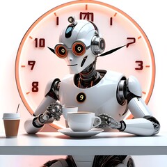 Futuristic robot drinking coffee at caf&eacute; table