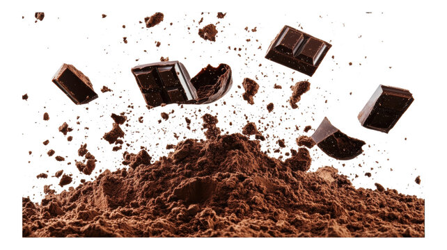 Chocolate pieces flying above cocoa powder in an transparent display of deliciousness