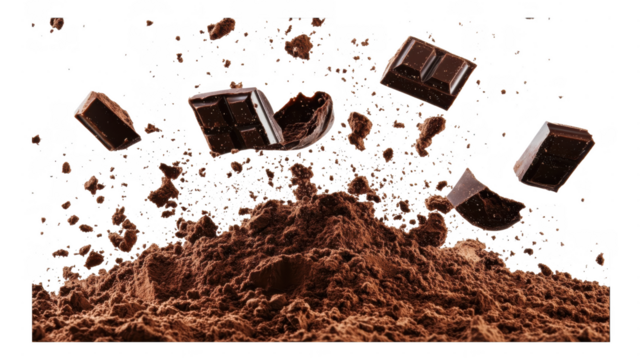 Chocolate pieces flying above cocoa powder in an transparent display of deliciousness