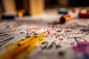 Naklejka premium Creative exploration with colorful crayons on paper at a vibrant art workshop in the afternoon light