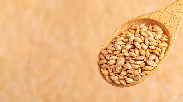 Wooden spoon filled with whole wheat grains on a textured background - Powered by Adobe