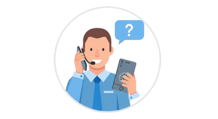Customer Service Representative with Question Mark communication flat white background user help contact agent desk problem