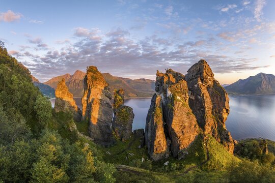 Rock formation Finnesjura in the evening light, Finnesfjellet mountain, Finnes, Helgeland coast, Bod&oslash;, Nordland, Norway