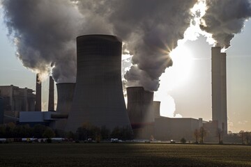 RWE Power AG, Niederaussem power plant, lignite-fired power plant, steaming chimneys, coal exit, Bergheim, Rhenish lignite mining area, North Rhine-Westphalia, Germany