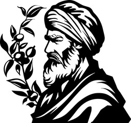 Wise elder with flowing beard and turban contemplates nature's bounty