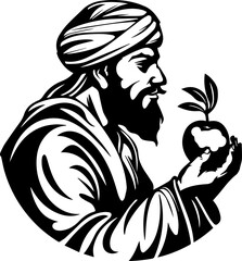 Wise old man in turban holding apple with sprouting leaves, symbolizing knowledge and growth