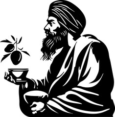 Wise Sikh man with beard holding olives and bowl, traditional attire