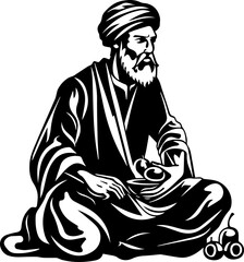Wise scholar in traditional robes contemplating knowledge, historical figure