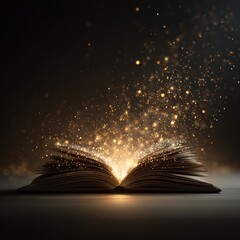 Book of enchantment: An open book illuminates with enchanting golden particles in the dimly lit space, symbolising discovery and knowledge.