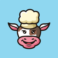 Kawaii Chef Cow Illustration - Cute Cooking Animal Logo Clipart