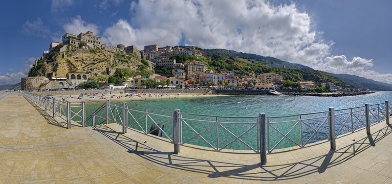 Panorama on the harbour promenade of Pizzo with town view and the medieval castle of Murat, Pizzo, Calabria, Italy
