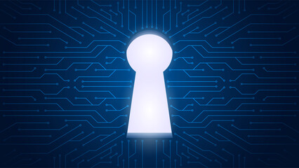 Keyhole with electronic line for unlock powerful potential business concept. Big data success secret and innovation technology. Entrance door to opportunity vision conceptual blue background.