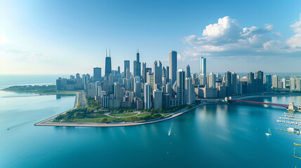 Naklejka premium Chicago skyline aerial drone view from above, lake Michigan and city of Chicago downtown skyscrapers cityscape bird's view from park