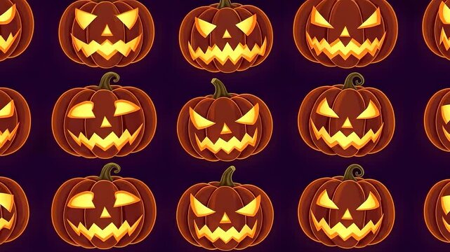 A repeating pattern of carved Halloween pumpkins with glowing orange faces on a dark purple background.