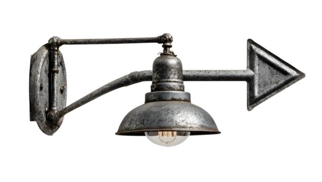 Vintage metal arrow sign with lamp isolated on white background