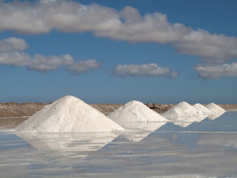 Salt works at the salt marshes of Sabkhat Tazra in the Khenifiss National Park near the coast of the Atlantic Ocean east of Tarfaya, Southwest Morocco