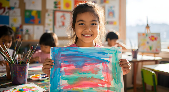 Happy girl showing her watercolor painting during art class
