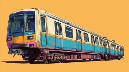 Fototapeta premium Subway train artwork: A stylized illustration of a vibrant subway train, rendered with bold outlines and a striking color palette against a warm background.
