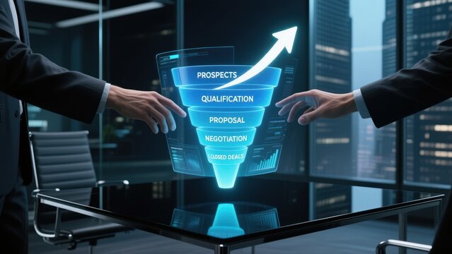 A businesswomen at glass table using glowing cro funnel with sales stages and upward arrow, conversion rate optimization technology, cro, lead generation