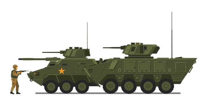 Military armored vehicle and soldier illustration in flat design