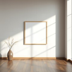 Empty square wooden frame on a minimalist wall with sunlight and a vase of dried grass