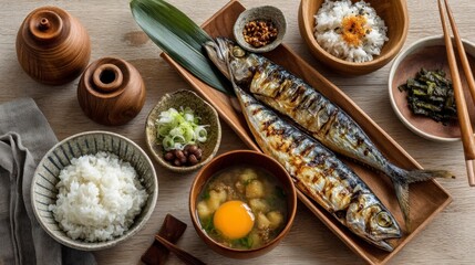 Traditional Japanese Breakfast with Grilled Fish and Rice Flat Lay