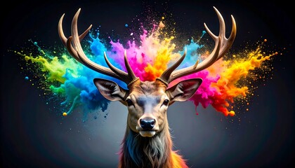 A vibrant deer head with exploding colorful paint
