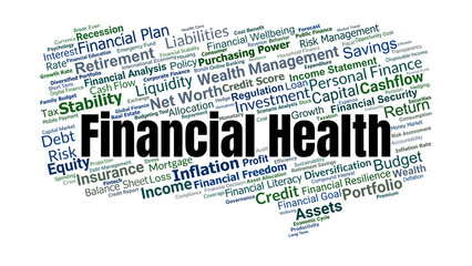 Financial Health Word Cloud. Key Concepts On Income, Debt, Savings, Budgeting, Investment, And Wealth Management For Economic Stability And Long Term Security.