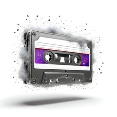 Obraz premium Vintage audio cassette tape with colorful starry label and dust particles