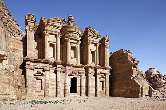 Ad Deir Monastery carved out of the rock on a high plateau, Wadi Araba, Wadi Mousa in the background, Petra, ancient capital of the Nabataeans, UNESCO World Heritage Site, Kingdom of Jordan
