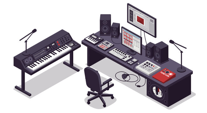 Modern music production studio with isometric design and high-tech equipment