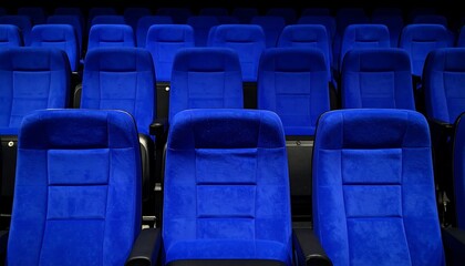 Naklejka premium Empty Blue Theater Seats Anticipation Entertainment with Cinematic Experience.