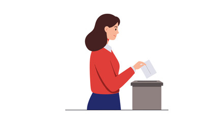 Woman casting vote in election with ballot box on white background