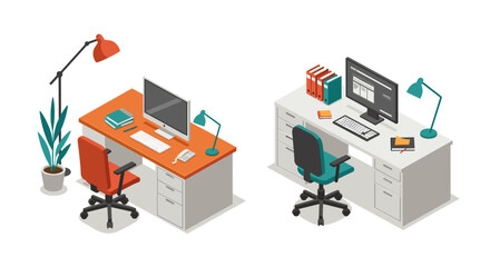 Obraz premium Modern office workspace with isometric desks and chairs