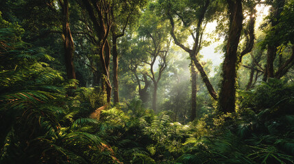 Obraz premium Lush Rainforest: Sunlight Through Canopy