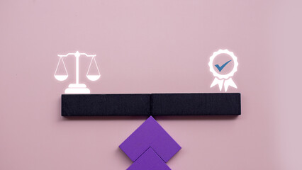 Symbolic image showing a balance scale and quality certification ribbon on opposite sides of a...